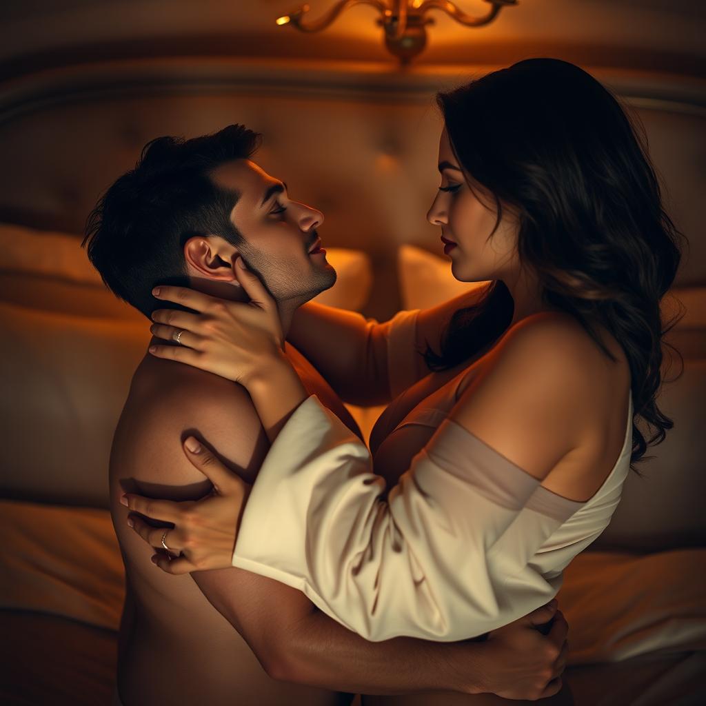 A sensual adult scene featuring a couple engaging in an intimate embrace, surrounded by soft, warm lighting that creates a romantic atmosphere