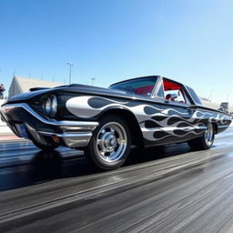 A stunning black 1965 Ford Thunderbird drag car featuring fierce white flames painted along the sides