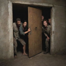 A group of survivors are inside an old laboratory on Isla Sorna, hastily barricading the door using available materials