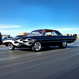 A stunning black 1965 Ford Thunderbird drag car featuring fierce white flames painted along the sides