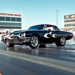 A stunning black 1965 Ford Thunderbird drag car featuring fierce white flames painted along the sides