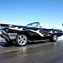 A stunning black 1965 Ford Thunderbird drag car featuring fierce white flames painted along the sides