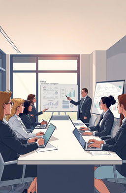 An illustration depicting a serious yet professional workplace misconduct investigation scene