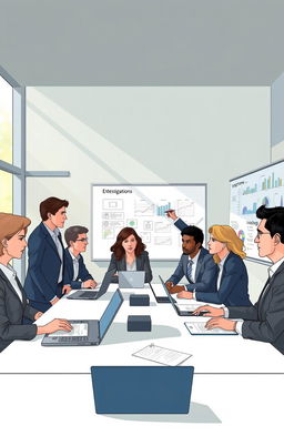 An illustration depicting a serious yet professional workplace misconduct investigation scene
