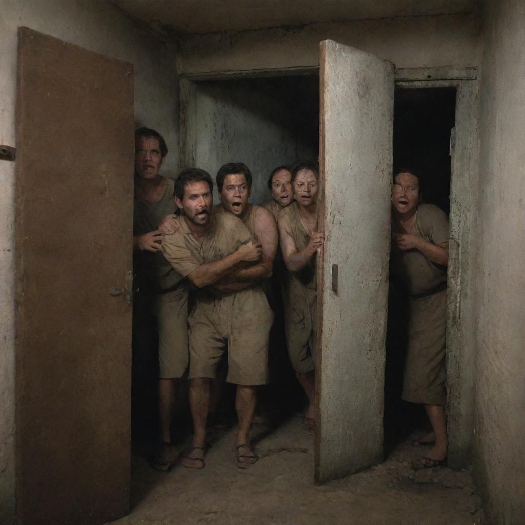 A group of survivors are inside an old laboratory on Isla Sorna, hastily barricading the door using available materials