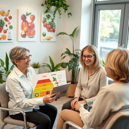 A professional nutrition counseling session taking place in a bright and welcoming office environment