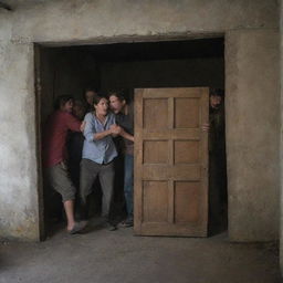 A group of survivors are inside an old laboratory on Isla Sorna, hastily barricading the door using available materials