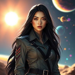 A very beautiful young woman with long, flowing black hair, dressed in a detailed army uniform that is both stylish and futuristic, standing confidently against a bright sun