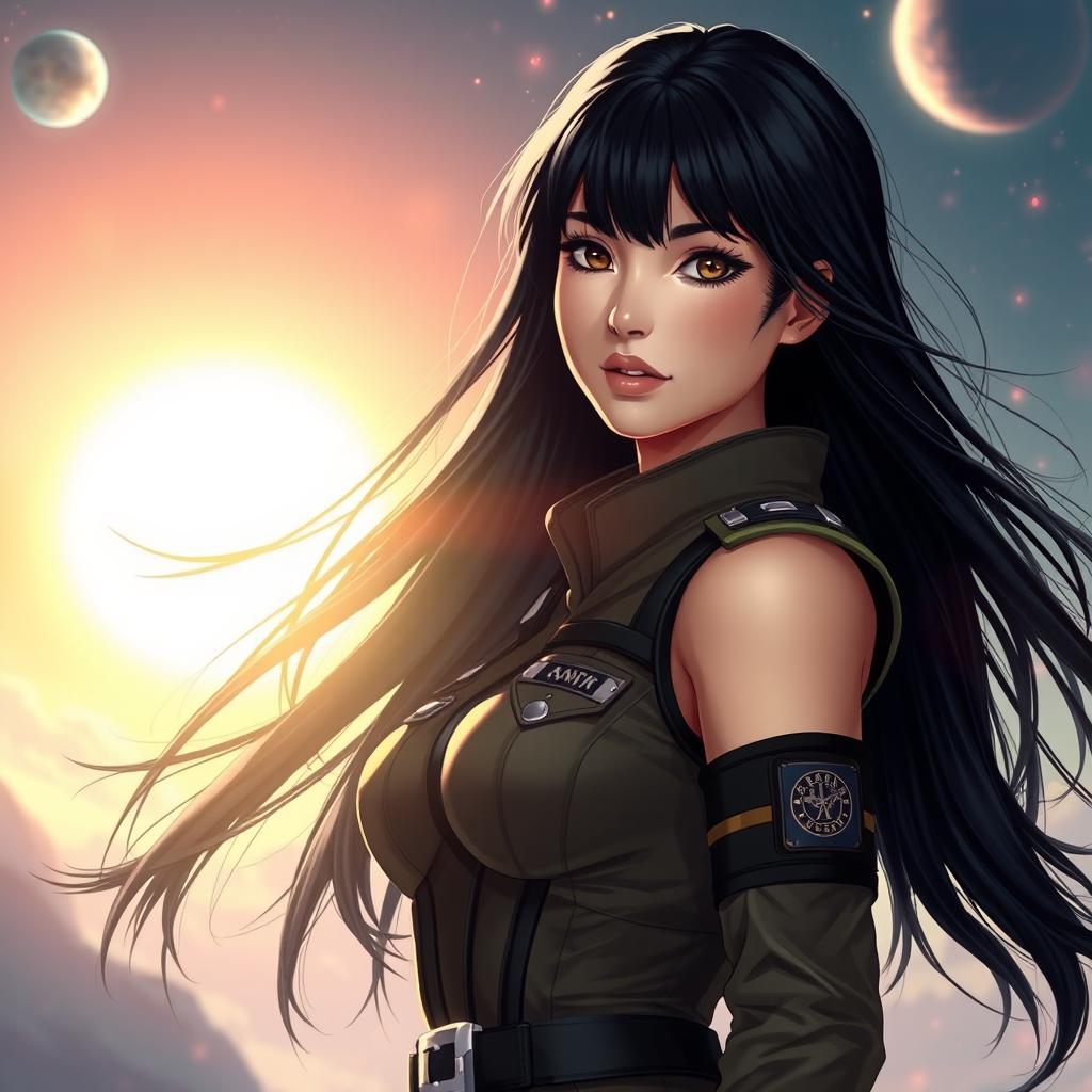 A very beautiful young woman with long, flowing black hair, dressed in a detailed army uniform that is both stylish and futuristic, standing confidently against a bright sun