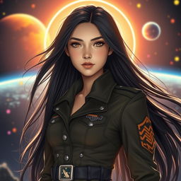A very beautiful young woman with long, flowing black hair, dressed in a detailed army uniform that is both stylish and futuristic, standing confidently against a bright sun