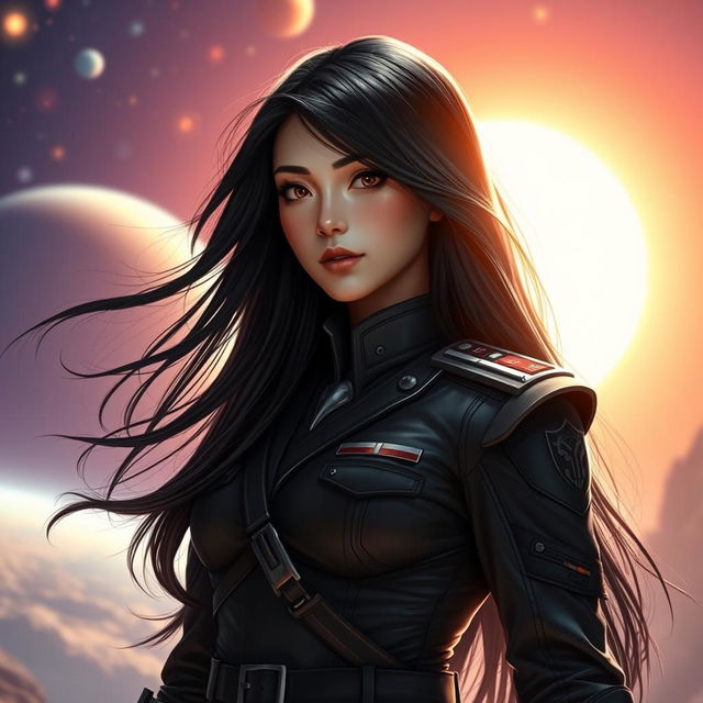 A very beautiful young woman with long, flowing black hair, dressed in a detailed army uniform that is both stylish and futuristic, standing confidently against a bright sun