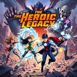 An epic battle scene featuring five heroes, including two girls and three boys, showcasing their unique superpowers in a fierce confrontation against three gigantic Titans