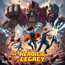 An epic battle scene featuring five heroes, including two girls and three boys, showcasing their unique superpowers in a fierce confrontation against three gigantic Titans