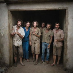 A group of survivors are inside an old laboratory on Isla Sorna, hastily barricading the door using available materials