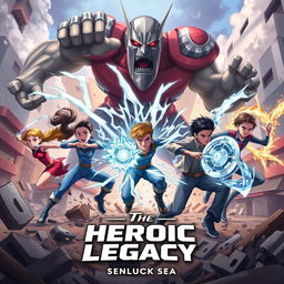 An epic battle scene featuring five heroes, including two girls and three boys, showcasing their unique superpowers in a fierce confrontation against three gigantic Titans