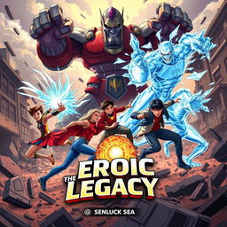 An epic battle scene featuring five heroes, including two girls and three boys, showcasing their unique superpowers in a fierce confrontation against three gigantic Titans