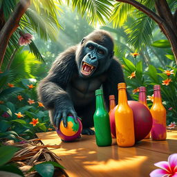 An amusing scene of a gorilla joyfully playing bowling in a vibrant jungle setting