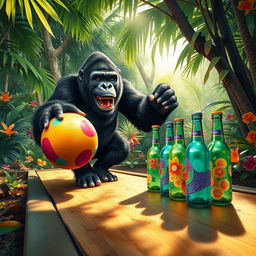 An amusing scene of a gorilla joyfully playing bowling in a vibrant jungle setting