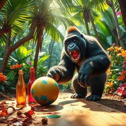 An amusing scene of a gorilla joyfully playing bowling in a vibrant jungle setting