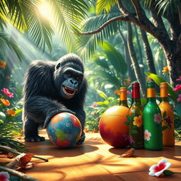 An amusing scene of a gorilla joyfully playing bowling in a vibrant jungle setting