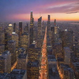 A bustling cityscape at dusk, with a mosaic of high-rise buildings, glowing city lights, bustling streets, and a vibrant sunset sky