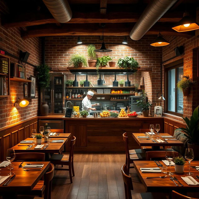 A cozy rustic restaurant interior designed to accommodate 20 guests, featuring warm wooden furnishings, exposed brick walls, and ambient lighting