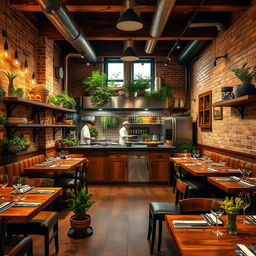 A cozy rustic restaurant interior designed to accommodate 20 guests, featuring warm wooden furnishings, exposed brick walls, and ambient lighting