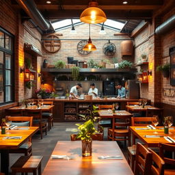 A cozy rustic restaurant interior designed to accommodate 20 guests, featuring warm wooden furnishings, exposed brick walls, and ambient lighting