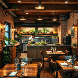 A cozy rustic restaurant interior designed to accommodate 20 guests, featuring warm wooden furnishings, exposed brick walls, and ambient lighting