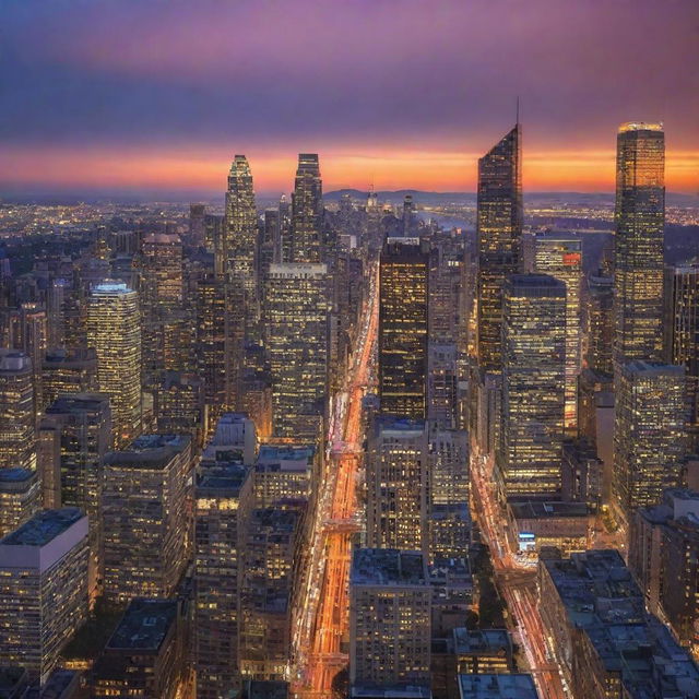 A bustling cityscape at dusk, with a mosaic of high-rise buildings, glowing city lights, bustling streets, and a vibrant sunset sky