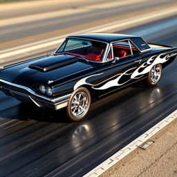 A stunning black 1965 Ford Thunderbird drag car, featuring striking white ghost flames along the side, oversized chrome wheels that gleam in the sunlight, and a vibrant red interior that offers a perfect pop of color