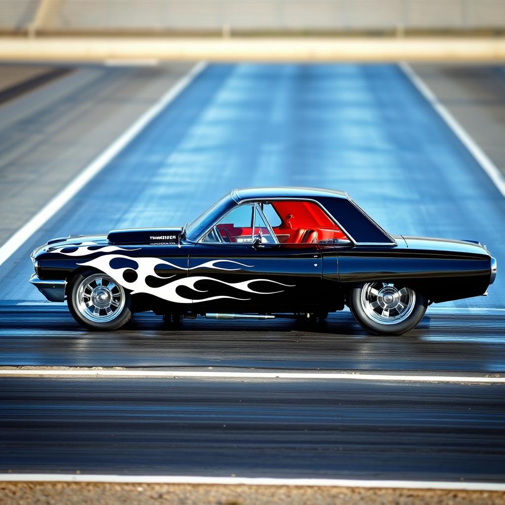 A stunning black 1965 Ford Thunderbird drag car, featuring striking white ghost flames along the side, oversized chrome wheels that gleam in the sunlight, and a vibrant red interior that offers a perfect pop of color