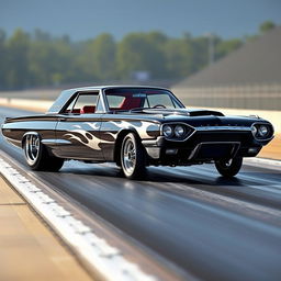 A stunning black 1965 Ford Thunderbird drag car, featuring striking white ghost flames along the side, oversized chrome wheels that gleam in the sunlight, and a vibrant red interior that offers a perfect pop of color