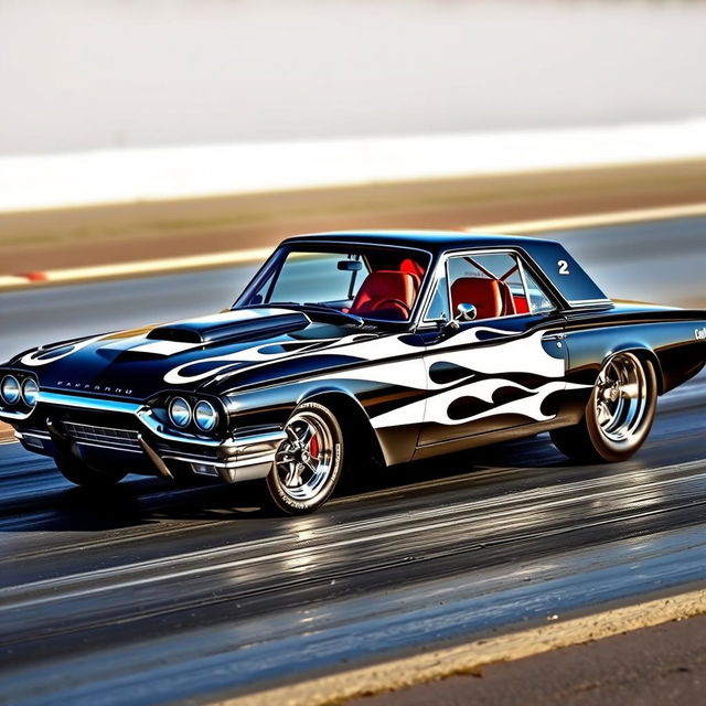 A stunning black 1965 Ford Thunderbird drag car, featuring striking white ghost flames along the side, oversized chrome wheels that gleam in the sunlight, and a vibrant red interior that offers a perfect pop of color