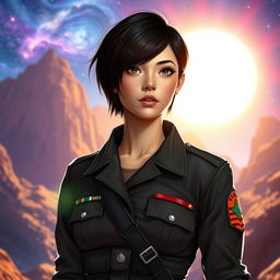 A very beautiful young woman with short black hair wearing a military uniform stands confidently against a bright sunlit background
