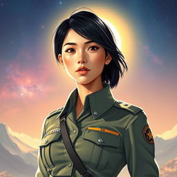 A very beautiful young woman with short black hair wearing a military uniform stands confidently against a bright sunlit background