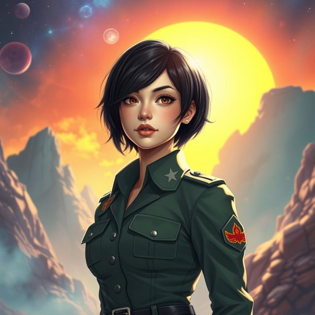 A very beautiful young woman with short black hair wearing a military uniform stands confidently against a bright sunlit background