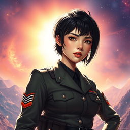 A very beautiful young woman with short black hair wearing a military uniform stands confidently against a bright sunlit background