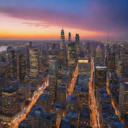 A bustling cityscape at dusk, with a mosaic of high-rise buildings, glowing city lights, bustling streets, and a vibrant sunset sky