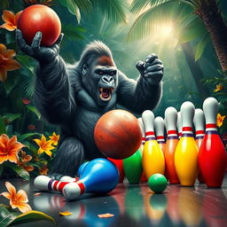 A dramatic scene of an angry gorilla forcefully knocking down a row of colorful bowling pins in a vibrant jungle setting