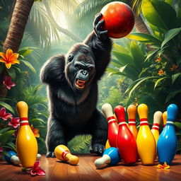 A dramatic scene of an angry gorilla forcefully knocking down a row of colorful bowling pins in a vibrant jungle setting