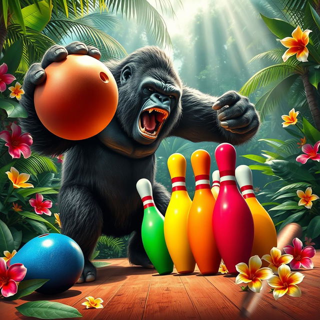 A dramatic scene of an angry gorilla forcefully knocking down a row of colorful bowling pins in a vibrant jungle setting