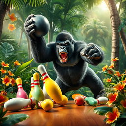 A dramatic scene of an angry gorilla forcefully knocking down a row of colorful bowling pins in a vibrant jungle setting