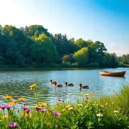 A serene landscape featuring a tranquil lake surrounded by lush green trees under a clear blue sky, with soft sunlight illuminating the scene