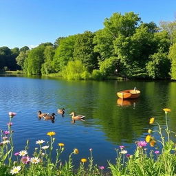 A serene landscape featuring a tranquil lake surrounded by lush green trees under a clear blue sky, with soft sunlight illuminating the scene