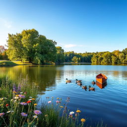 A serene landscape featuring a tranquil lake surrounded by lush green trees under a clear blue sky, with soft sunlight illuminating the scene