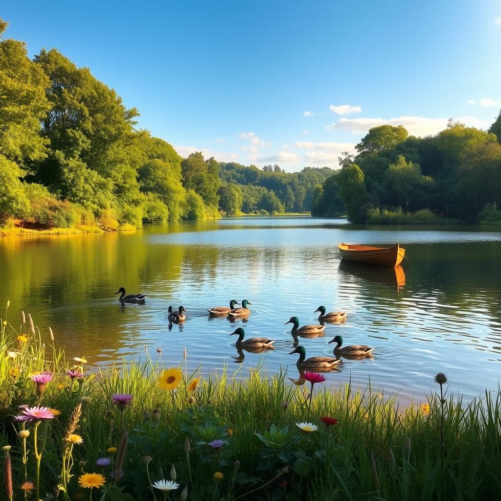 A serene landscape featuring a tranquil lake surrounded by lush green trees under a clear blue sky, with soft sunlight illuminating the scene