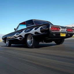 A classic black 1965 Ford Thunderbird drag car featuring stunning white ghost flames that subtly blend into the sleek body