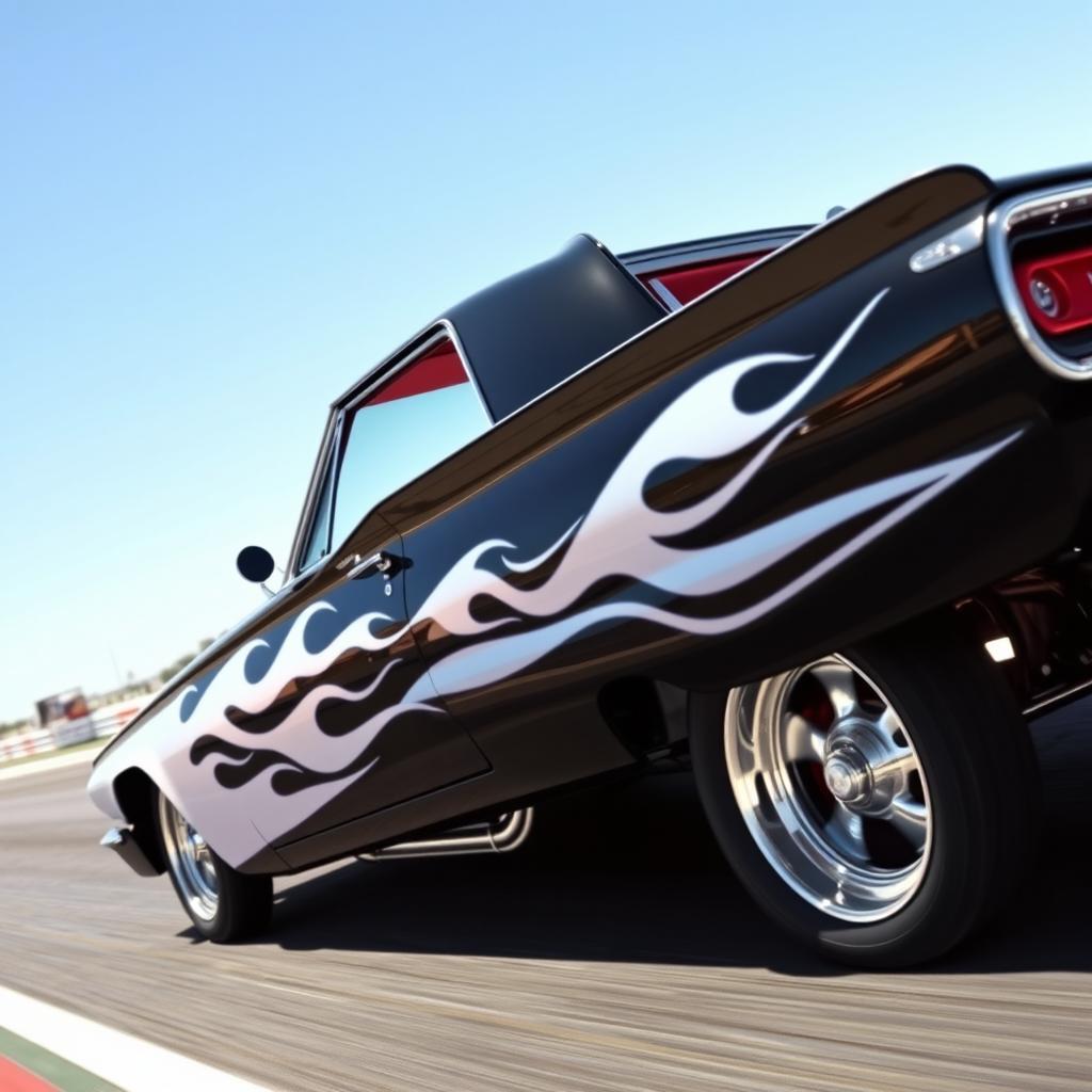 A classic black 1965 Ford Thunderbird drag car featuring stunning white ghost flames that subtly blend into the sleek body