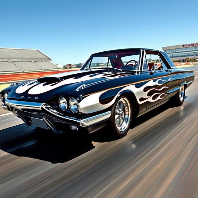 A classic black 1965 Ford Thunderbird drag car featuring stunning white ghost flames that subtly blend into the sleek body